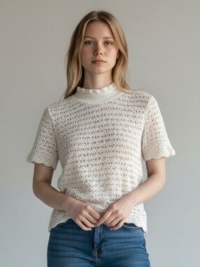 NWOT ✨ Mango Cream Crochet Short-Sleeve Mock Neck Top